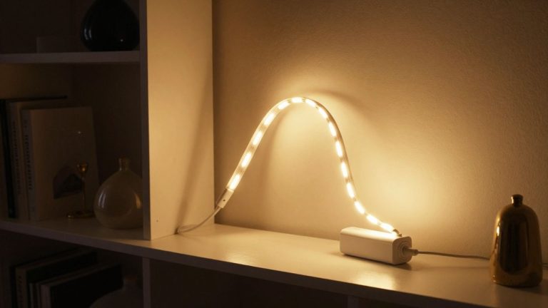Led traka na baterije osvetljava policu sa dekoracijama.